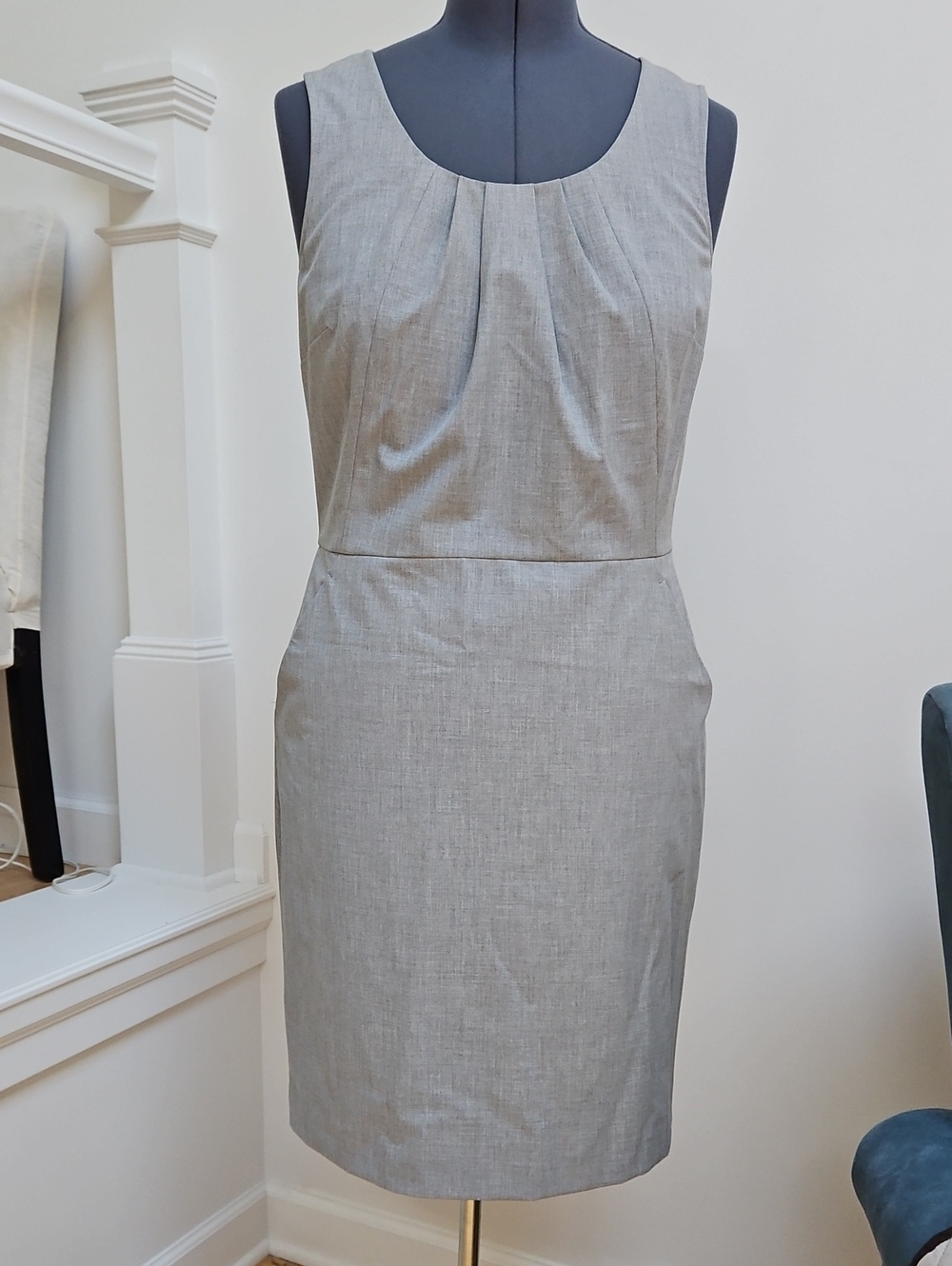 LOFT Light Grey Pleated Sleeveless Midi Sheath Dress